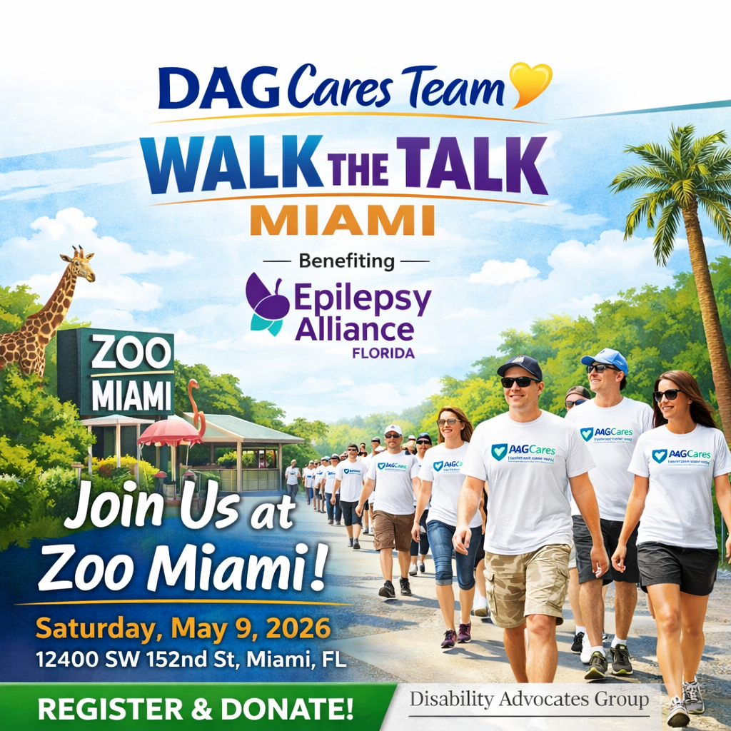 Promotional image of a group walking at Zoo Miami representing the DAG Cares team for Walk the Talk Miami 2026 supporting Epilepsy Alliance Florida