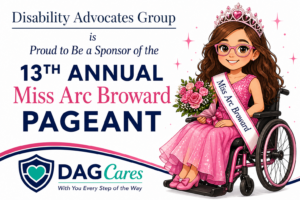 Miss Arc Broward Pageant Fort Lauderdale thumbnail with illustrated contestant in wheelchair and Disability Advocates Group sponsorship branding