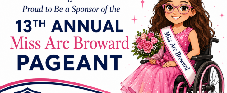 Miss Arc Broward Pageant Fort Lauderdale thumbnail with illustrated contestant in wheelchair and Disability Advocates Group sponsorship branding