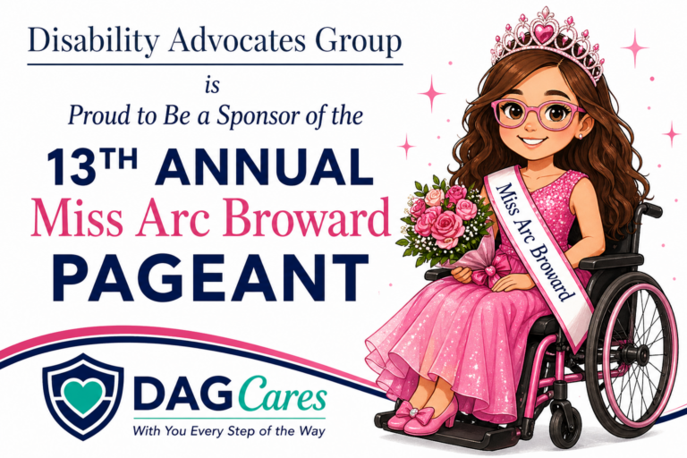 Miss Arc Broward Pageant Fort Lauderdale thumbnail with illustrated contestant in wheelchair and Disability Advocates Group sponsorship branding